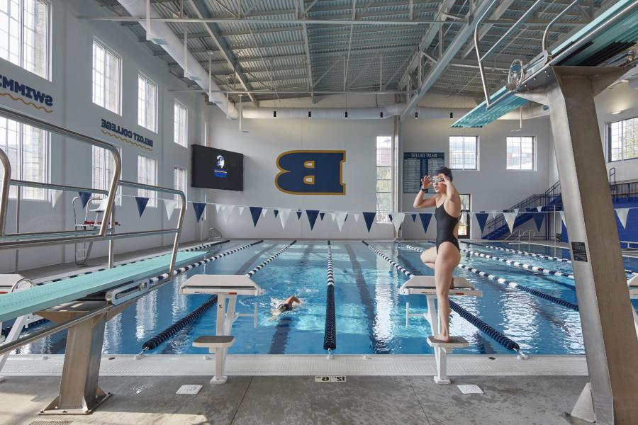 The eight-lane swimming pool is fully equipped for competitive swimming & diving as well as recreational use.