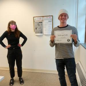 Mason Sorensen’25 shows his “Most Funny Design” prize for the Worst Designed Product activity.