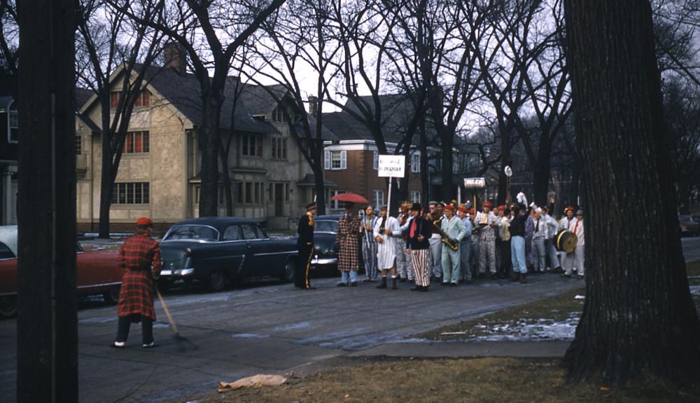 This photo of a 1956 pajama parade is unusual for many reasons, including its capture on color fi...